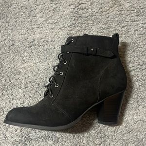 Women’s black heeled booties, size 12